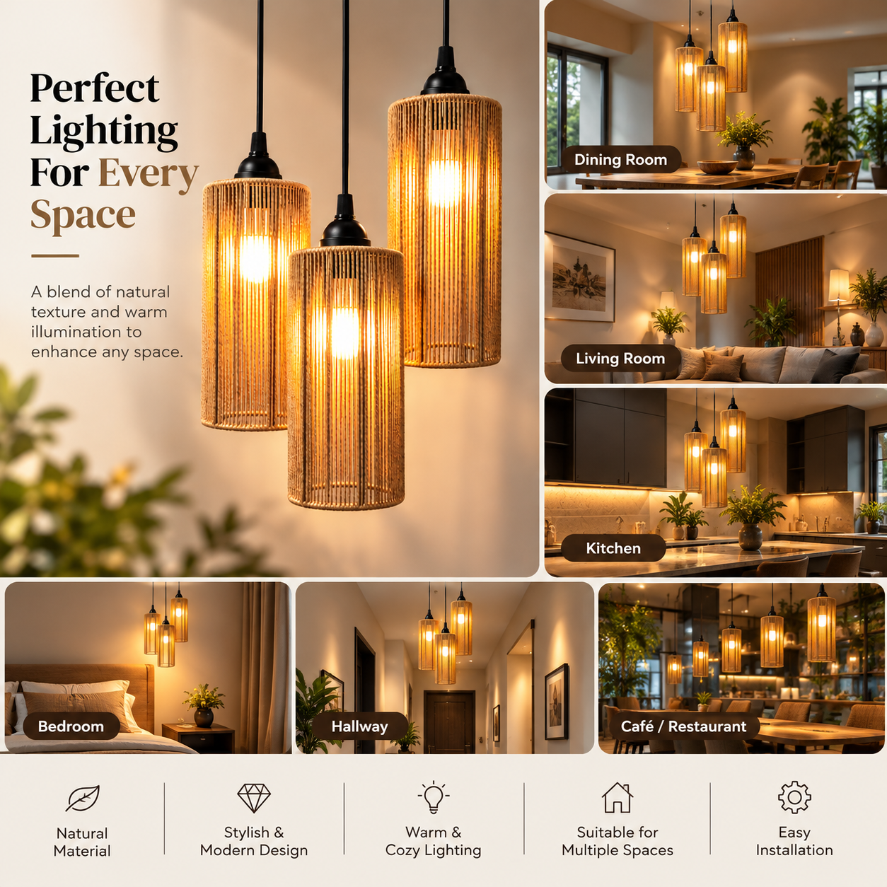 Raffia Weave Cylinder Pendant Lamp - Image 6